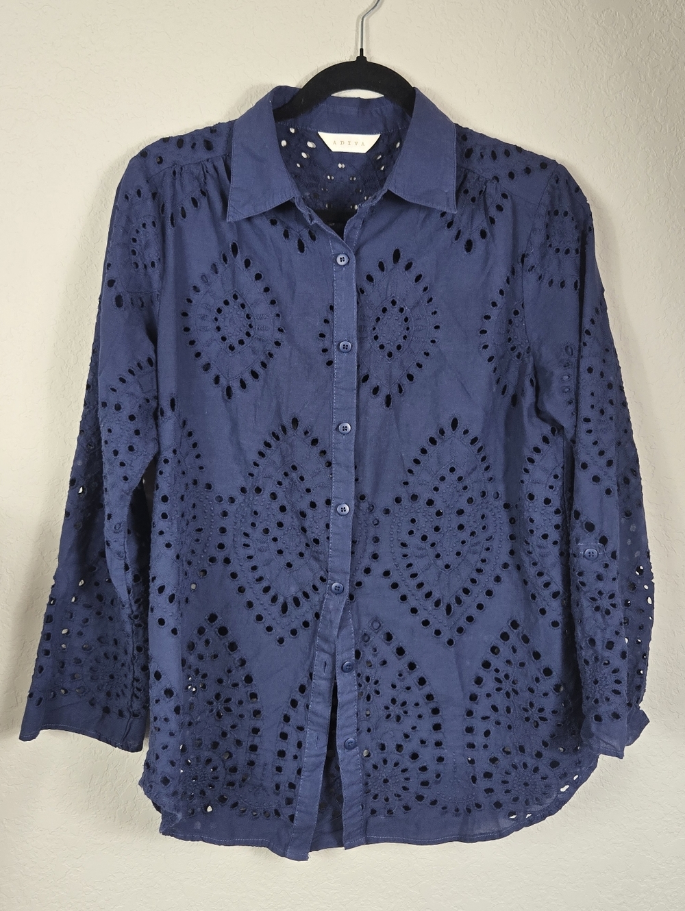 Adiva Navy Eyelet Button Down Shirt Cotton Boho Cottagecore Beach Cover Up M - Picture 2 of 13